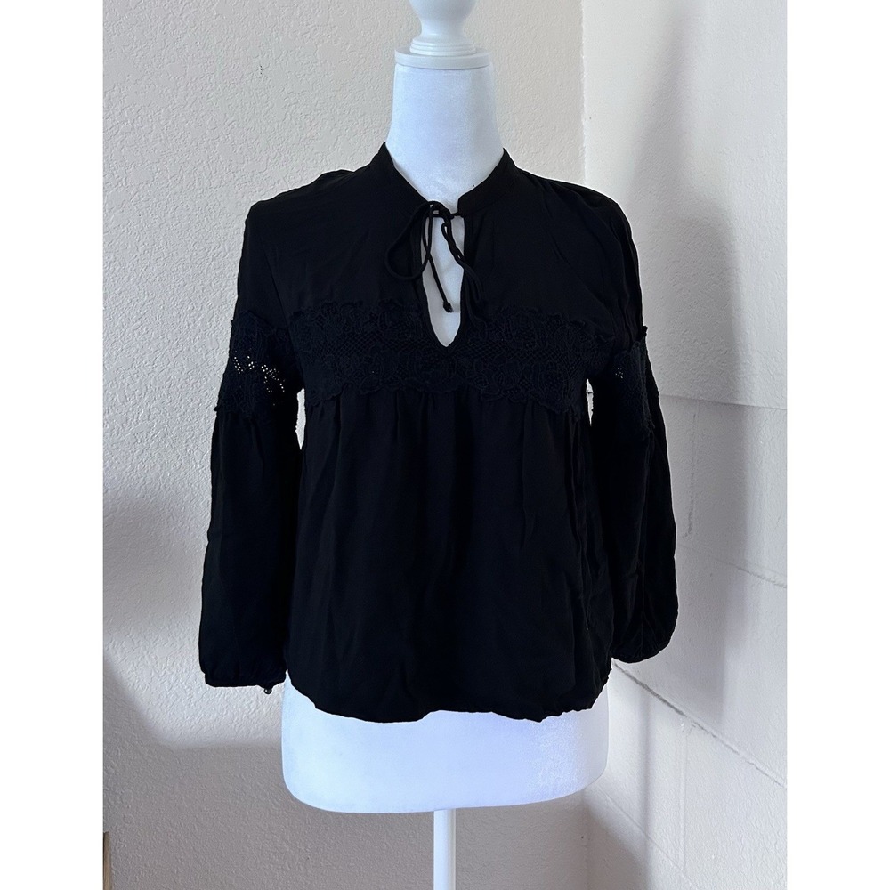 Forever 21 Boho Blouse Womens Small Black Crochet Lace Tie Neck Peasant Boho